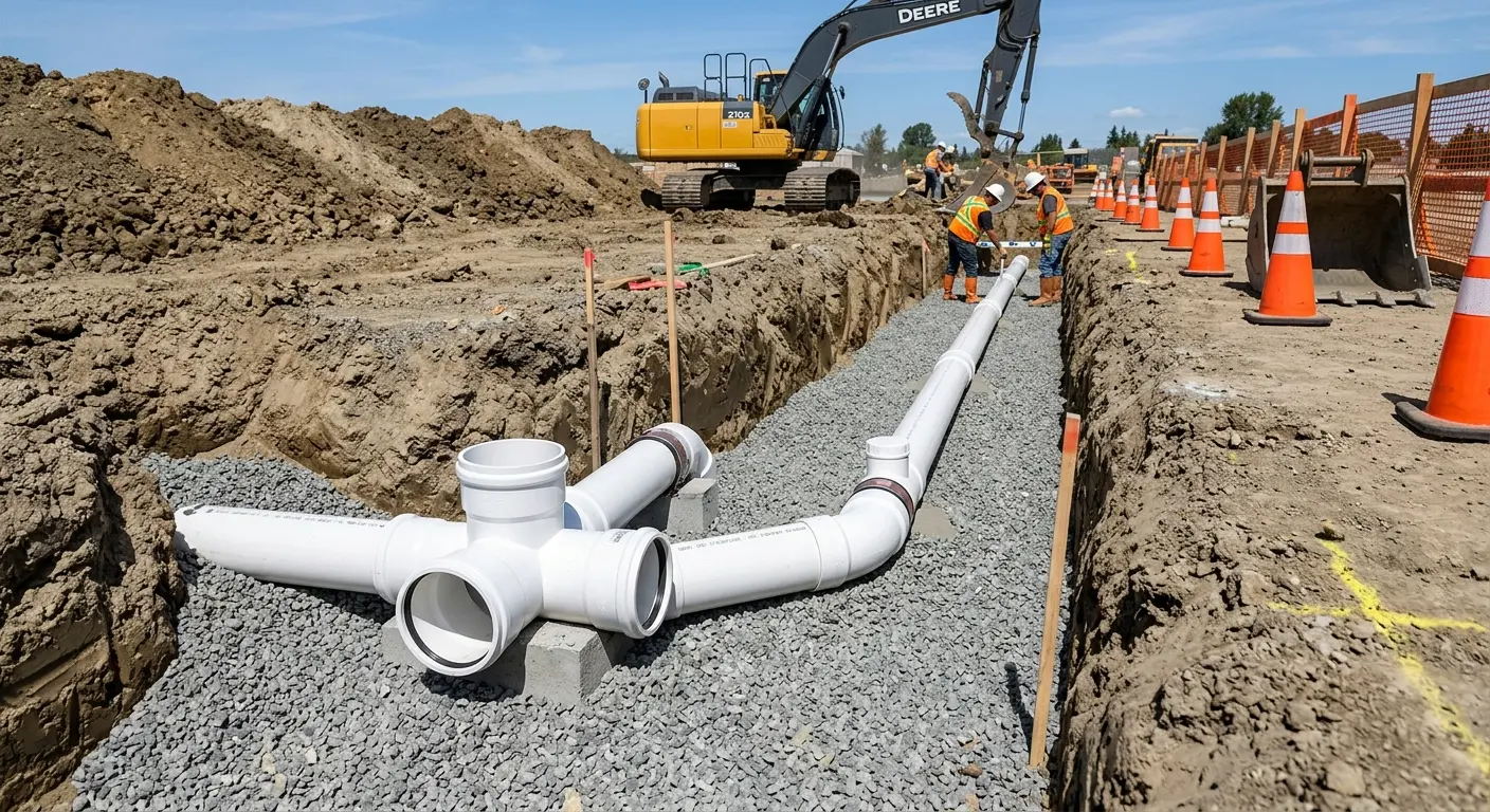 New PVC sewer pipe installation in open trench for Sewer Backup in Sidney